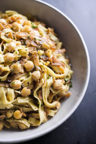 Crispy fried  pasta pairs a  savory crunch  with chickpeas